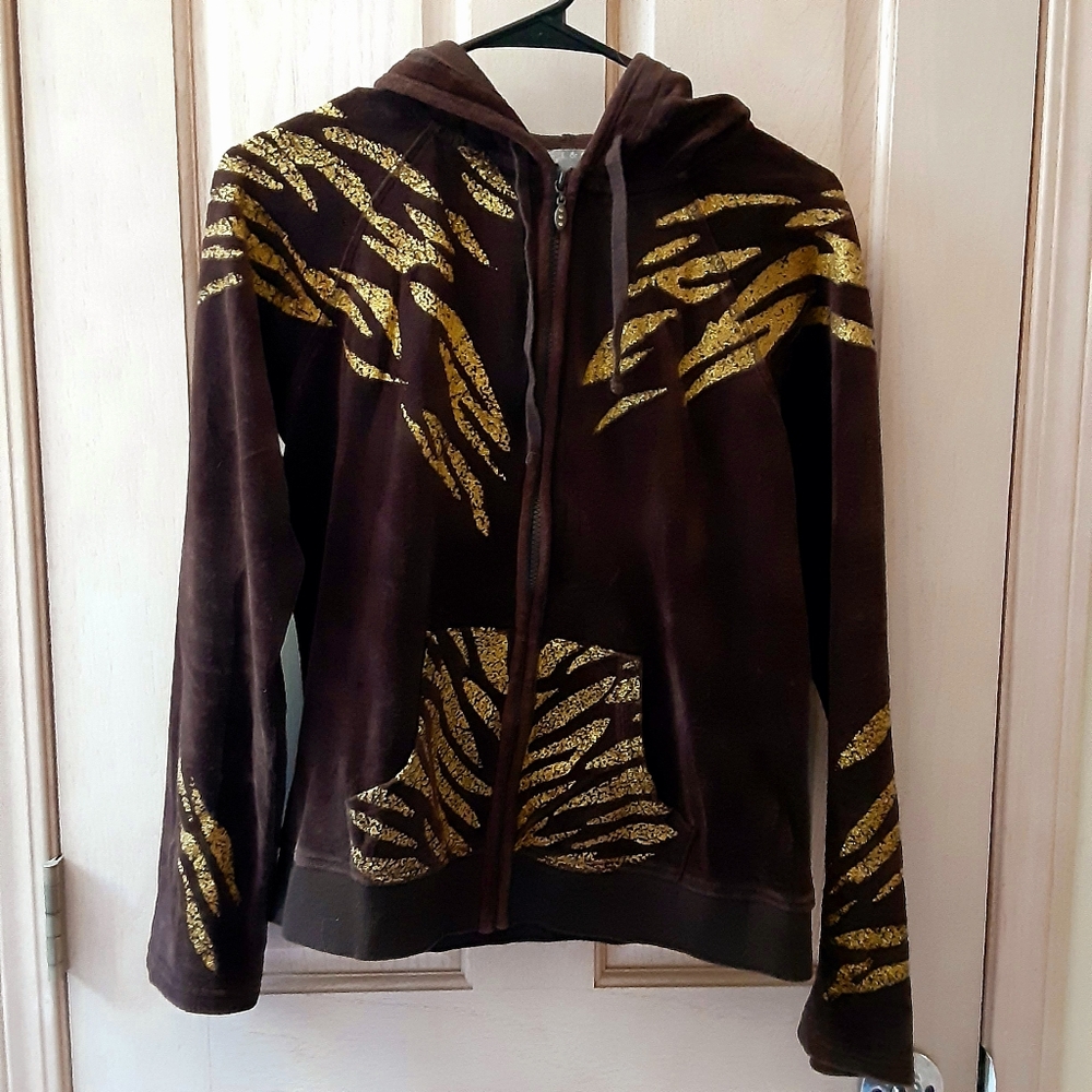 Peck & Peck Brown Velour Zip Up Hoodie With Gold Glitter Tiger Stripes Size M